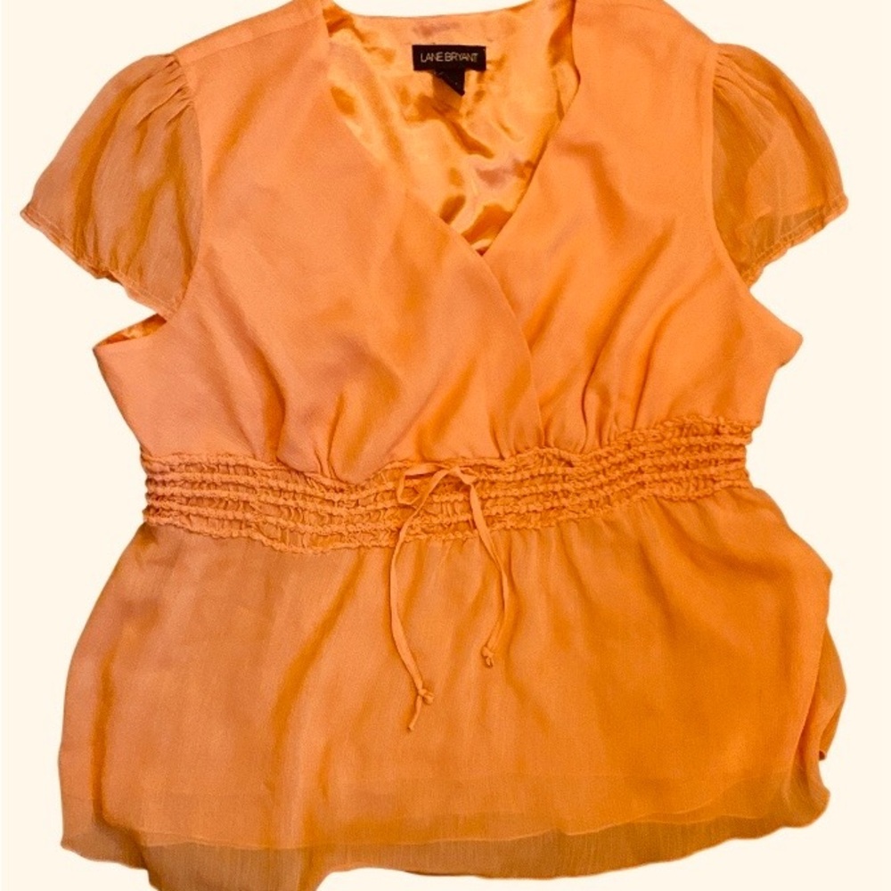 Lane Bryant Bright Orange Smocked-Waist V-Neck Blouse